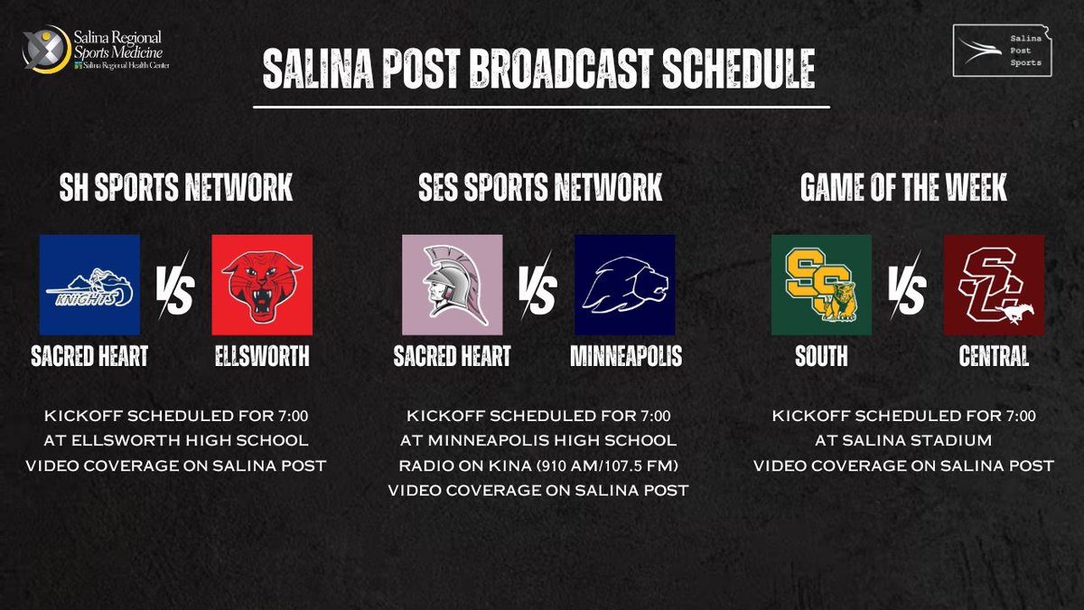High School football is BACK and Salina Post has you covered with a LOADED week one slate of broadcasts

🏈 <a href="/SalinaFootball/">Salina South Football</a> vs. <a href="/SC_MustangFB/">Salina Central Mustangs Football</a> 
📺 youtube.com/live/nwXr8qP6A…

🏈 <a href="/SESTrojanFB/">Trojan Football</a> at Minneapolis
📺 youtube.com/live/cWkHz3N16…

🏈 <a href="/SacredHeart1234/">Sacred Heart Junior-Senior High School</a> vs. <a href="/USD327Bearcats/">USD #327 Ellsworth/Kanopolis/Geneseo</a> 
📺
