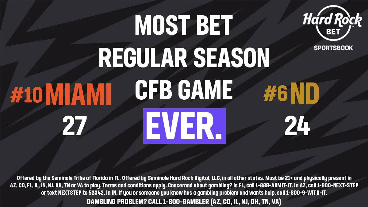 Miami vs Notre Dame was the most bet regular season College Football game EVER on <a href="/HardRockBet/">Hard Rock Bet</a>