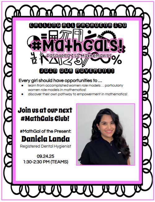 janetdnuzzie's tweet photo. Woohoo! @MarianaBreaux, @WymanEvan, & myself invite all of our Grades 4-6 #PISDMathChat & #PISDMiddle girls to join us for our 09.24.25 #MathGals Club conversations focused on #MathGals of the Present & Future! Go, #WomenInSTEM! #NCTM #NCSMBold #TASMTalk #TCTMTalk #ElemMathChat https://t.co/V2kMAdpHx0