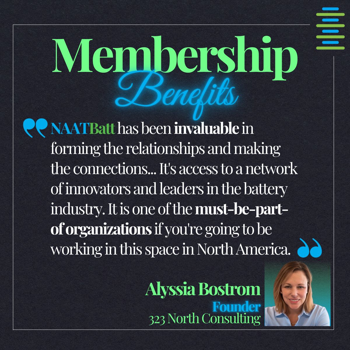 naatbatt's tweet image. "NAATBatt is one of the must-be-part-of organizations if you're working in this space in North America" 
— Alyssia Bostrom, Board Member 
Ready to join? naatbatt.org/application  
#NAATBatt #MembershipBenefits #battchat