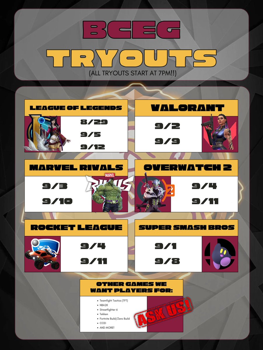 ‼️TIME TO GET YOUR NAME HEARD‼️

If you’re looking to play competitively and represent Brooklyn College in any of our teams, come join our discord and show us you’re skills‼️

Any additional questions? 

Email our director (orzaidus@gmail.com)
Message on discord (Tentaclecoach)