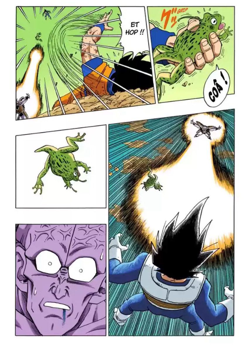 Vegeta savoure son affrontement contre Ginyu dans le corps de Goku. Acculé, Ginyu tente d’échanger à nouveau… Mais Goku saisit l’occasion de retrouver son véritable corps. Ginyu, blessé, réessaye encore… Jusqu’à ce que Goku lance la désormais célèbre grenouille de Dragon Ball !