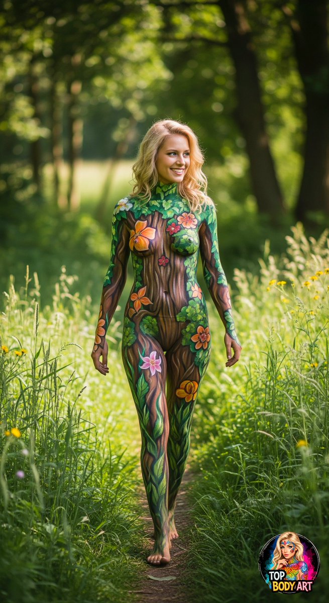 Tree woman body paint style and a beautiful walk on a trail in nature.