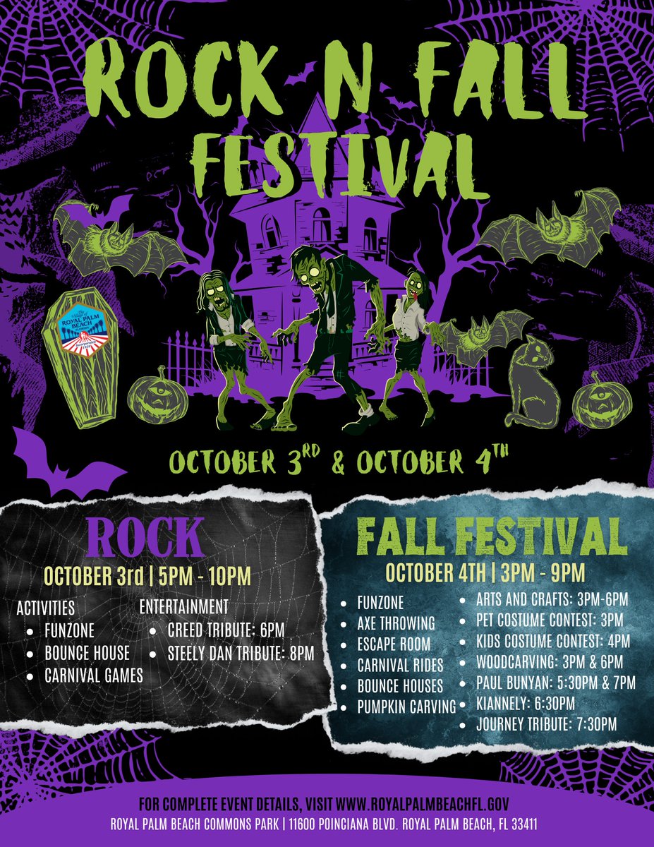👻👻🎶 Rock N Fall Festival!
📅 Oct 3 (5–10PM) &amp; Oct 4 (3–9PM)
📍 Commons Park | 🎟️ FREE
Fri: Funzone + Creed &amp; Steely Dan tributes
Sat: Rides, axe throwing, pumpkin carving, costume contests &amp; Journey tribute 🎃
🕸️ Costumes welcome!
🔗 royalpalmbeachfl.gov