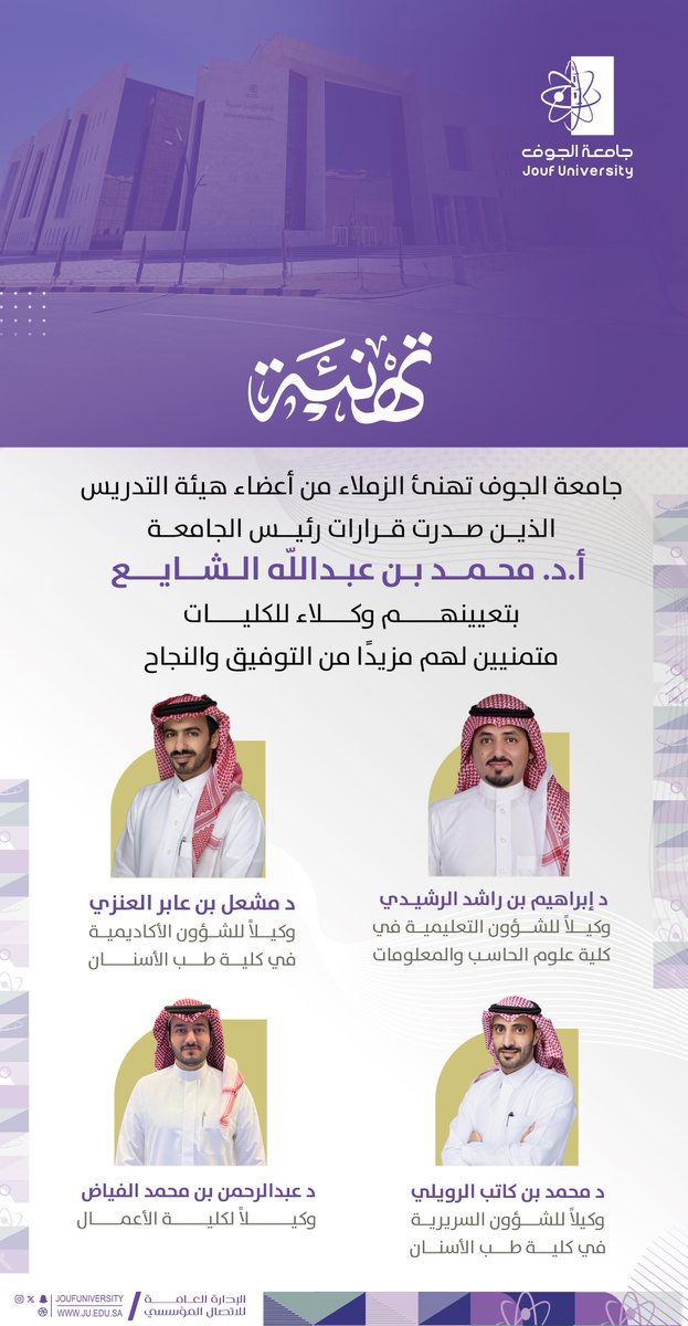 #تهنئة | 
#جامعة_الجوف تهنئ الزملاء من أعضاء هيئة التدريس الذين صدرت لهم قرارات سعادة رئيس الجامعة، أ.د. محمد بن عبد الله الشايع، بتعيينهم وكلاء للكليات، وتتمنى لهم مزيدًا من التوفيق والنجاح.