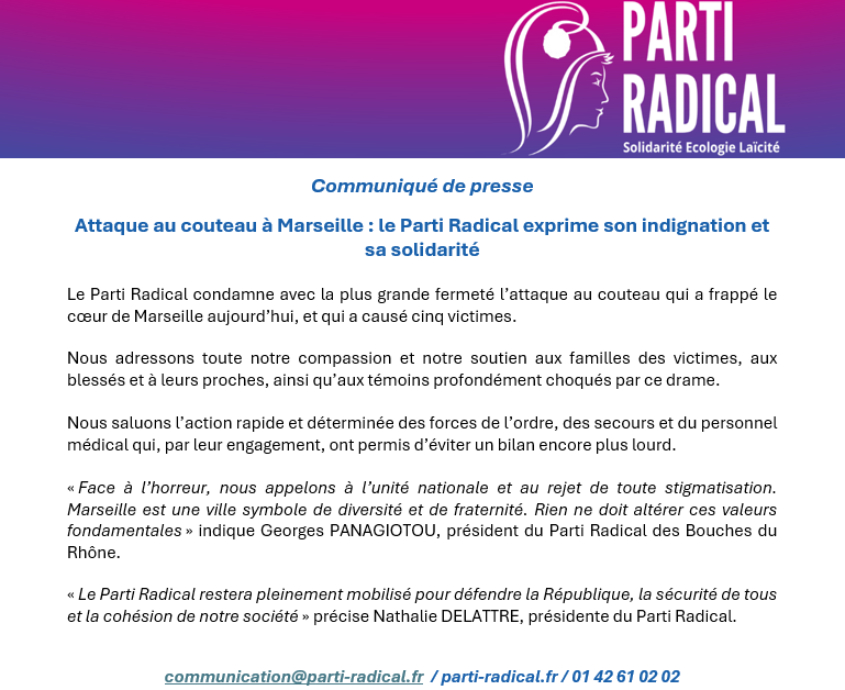 📣Attaque au couteau à #Marseille : le <a href="/PartiRadical/">Parti Radical</a> exprime son indignation et sa solidarité. Soutien aux familles des victimes, aux blessés et à leurs proches.
➡️Retrouvez le communiqué sur bit.ly/4g8joXl et ⤵️