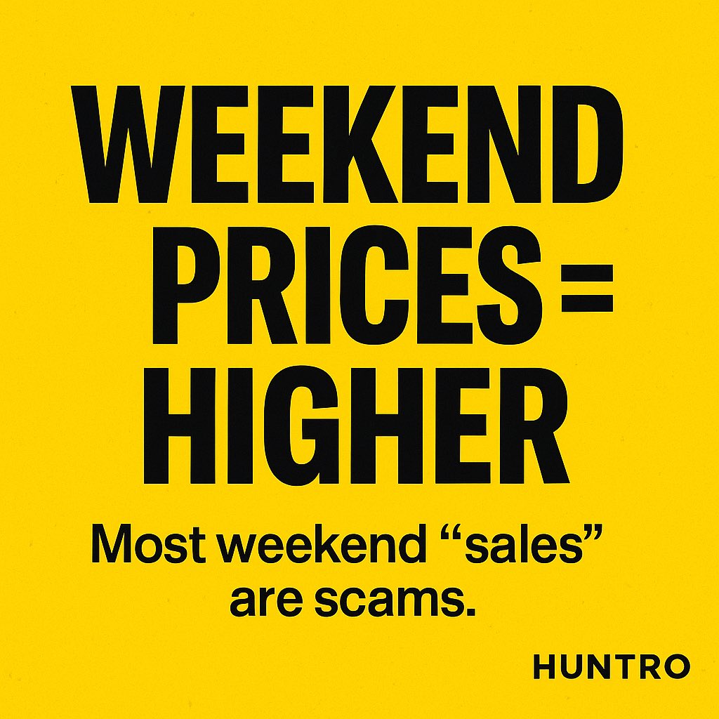 huntrodotcom's tweet photo. 📈 Prices spike on weekends when demand is high.
Most “weekend sales” are actually weekend scams.
🦅 Huntro finds the lowest drop during the week so you don’t get trapped.
When do you usually shop — weekends or weekdays? 👇
#Huntro #DealHunter #ShoppingHack https://t.co/nRC4DNPE69