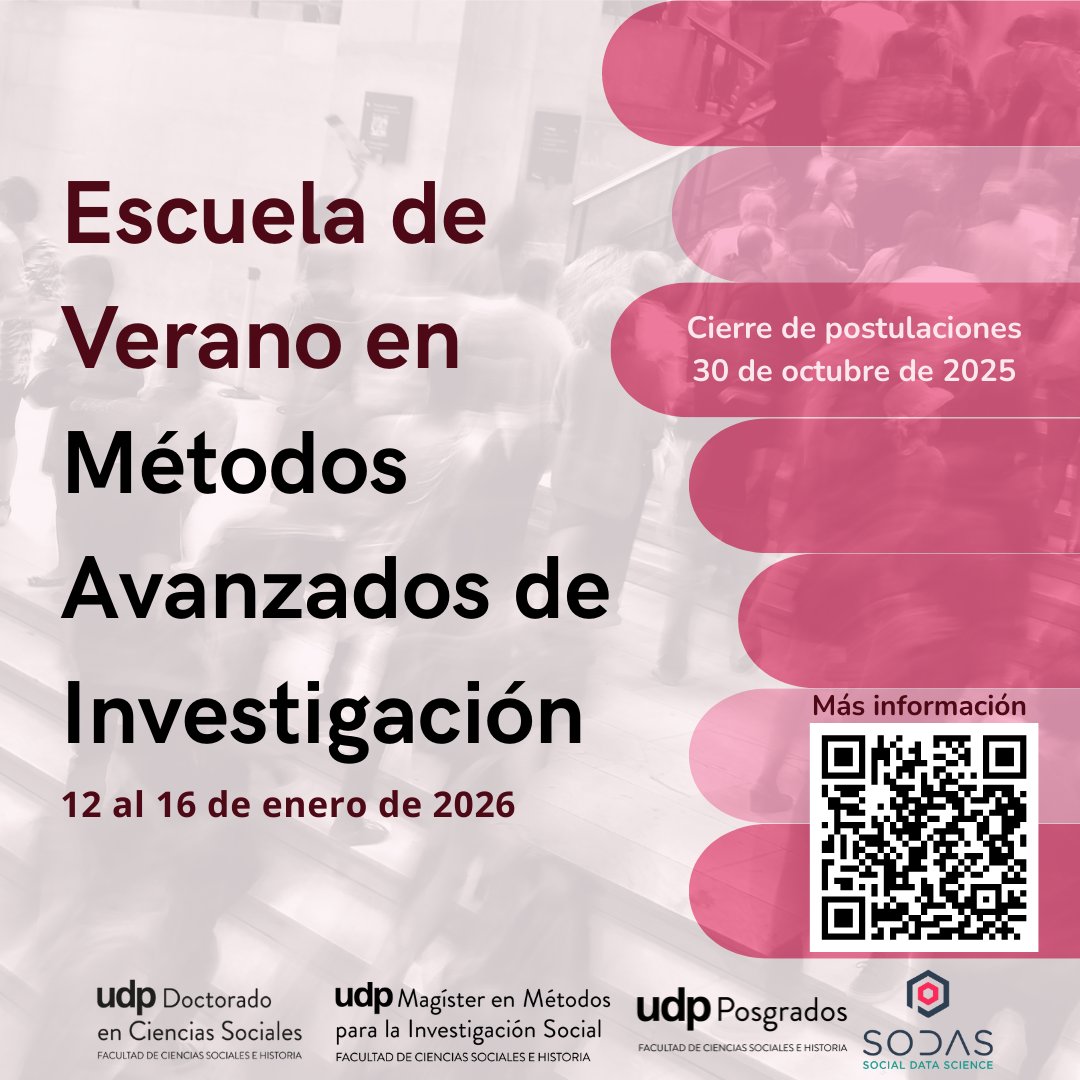 📢 ¡Inscripciones abiertas! La 1ª Escuela de Verano de Métodos Avanzados de Investigación UDP se realizará del 12 al 16 de enero 2026. Cursos intermedios y avanzados, charlas, mentorías y certificación.🔎 Revisa becas e info en t.ly/ZFpxZ o en el link de nuestra bio.