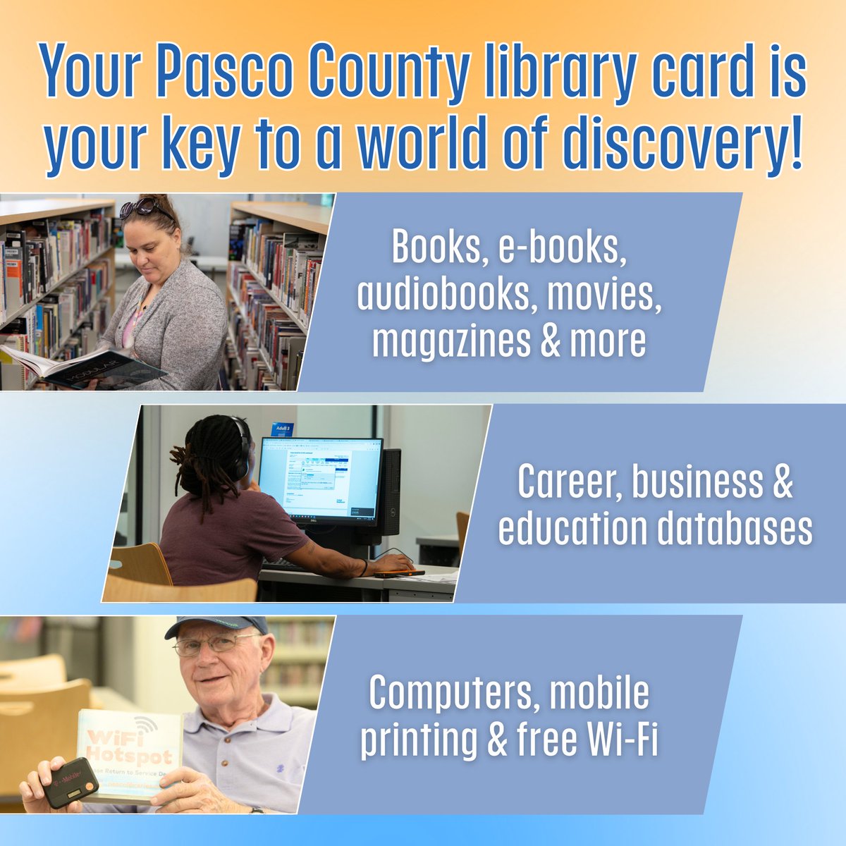PascoLibraries's tweet image. Explore the endless possibilities that Pasco Libraries has to offer. It all starts with your library card – your all-access pass to books, digital resources, exciting events and more. Stop by any of our locations or visit PascoLibraries.org to get a FREE library card!