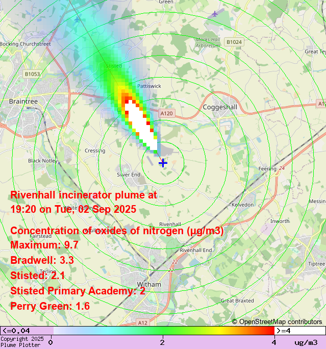 plumeplotter's tweet photo. Latest Rivenhall incinerator plume plot, 19:20 02/09/25 #Bradwell #Stisted #PerryGreen https://t.co/drOMlbH2A4 https://t.co/HvJ3d7Pn05