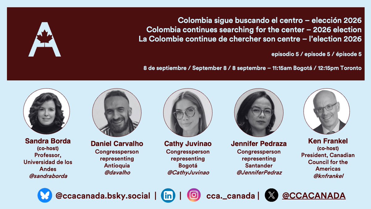 Canadian Council for the Americas (@ccacanada) on Twitter photo WEBINAR -  8 de septiembre, 11:15am Bogotá / 12:15pm Toronto   
con/ <a href="/davalho/">Daniel Carvalho</a> <a href="/CathyJuvinao/">Cathy Juvinao 🏛🇨🇴</a> <a href="/JenniferPedraz/">Jennifer Pedraza Sandoval</a> 
y/ <a href="/knfrankel/">ken frankel</a> <a href="/sandraborda/">Sandra Borda 🪷🪷</a> 
Regístrese en: us06web.zoom.us/webinar/regist… 
#Colombia WEBINAR -  8 de septiembre, 11:15am Bogotá / 12:15pm Toronto   
con/ <a href="/davalho/">Daniel Carvalho</a> <a href="/CathyJuvinao/">Cathy Juvinao 🏛🇨🇴</a> <a href="/JenniferPedraz/">Jennifer Pedraza Sandoval</a> 
y/ <a href="/knfrankel/">ken frankel</a> <a href="/sandraborda/">Sandra Borda 🪷🪷</a> 
Regístrese en: us06web.zoom.us/webinar/regist… 
#Colombia