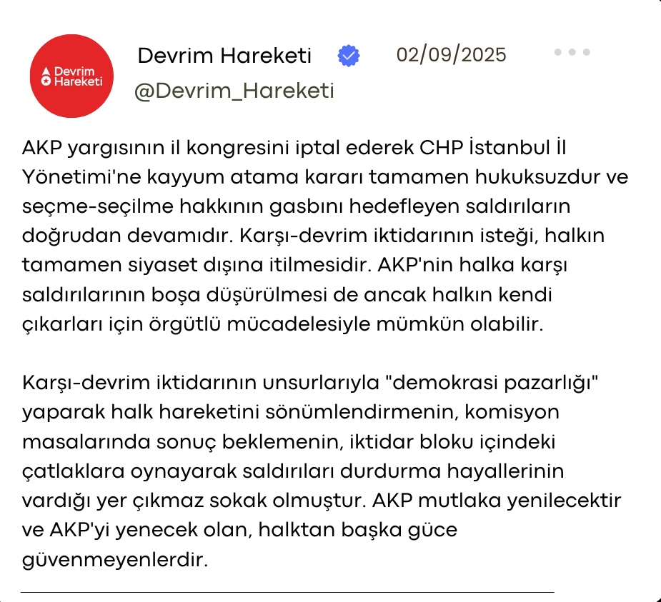 Açıklama:

AKP mutlaka yenilecektir ve AKP'yi yenecek olan, halktan başka güce güvenmeyenlerdir.