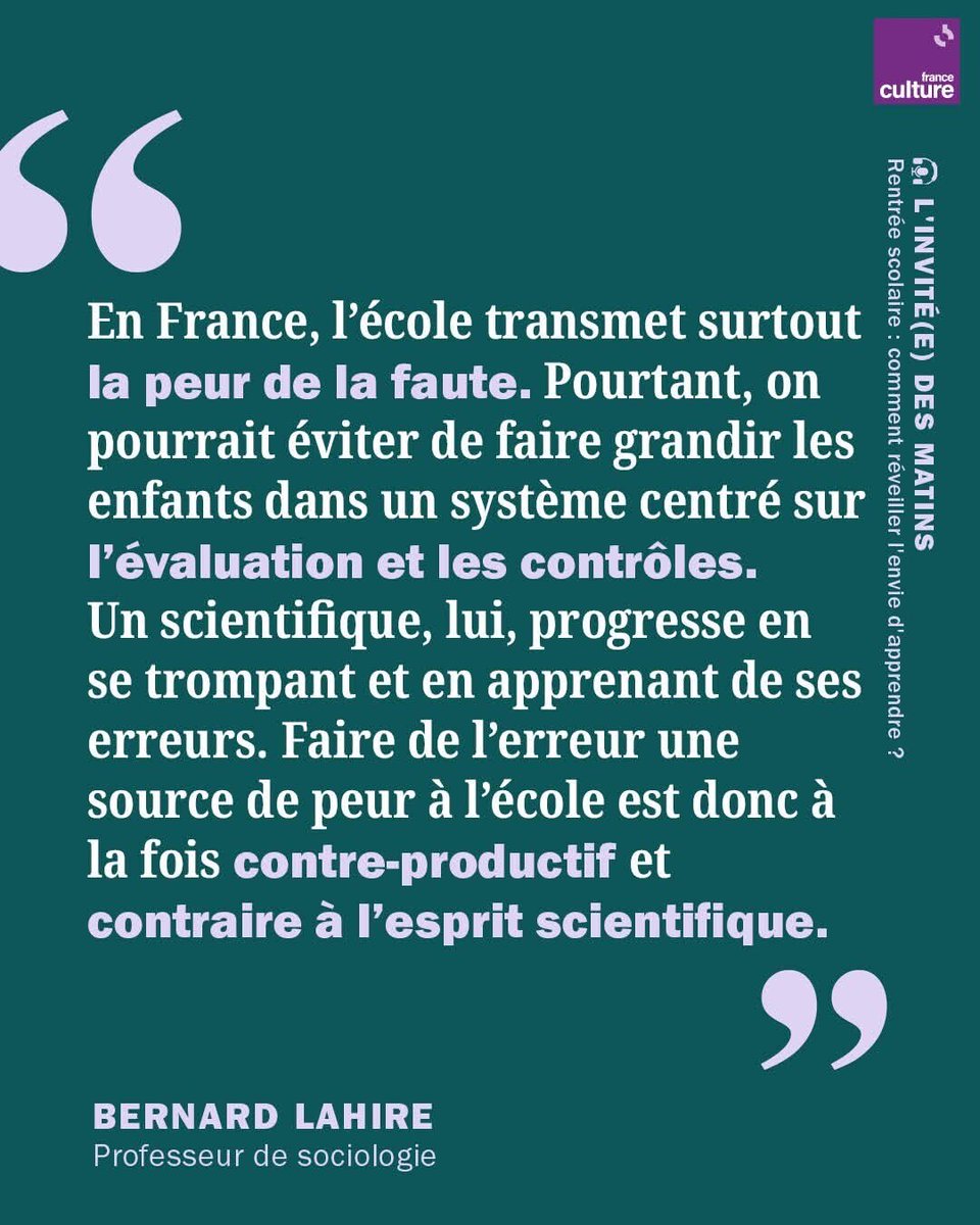 En cette rentrée scolaire, le sociologue Bernard Lahire tire la sonnette d’alarme : l’obsession de l’évaluation à l’école est en train de tuer la curiosité naturelle de l’enfant.
➡️ l.franceculture.fr/ICE