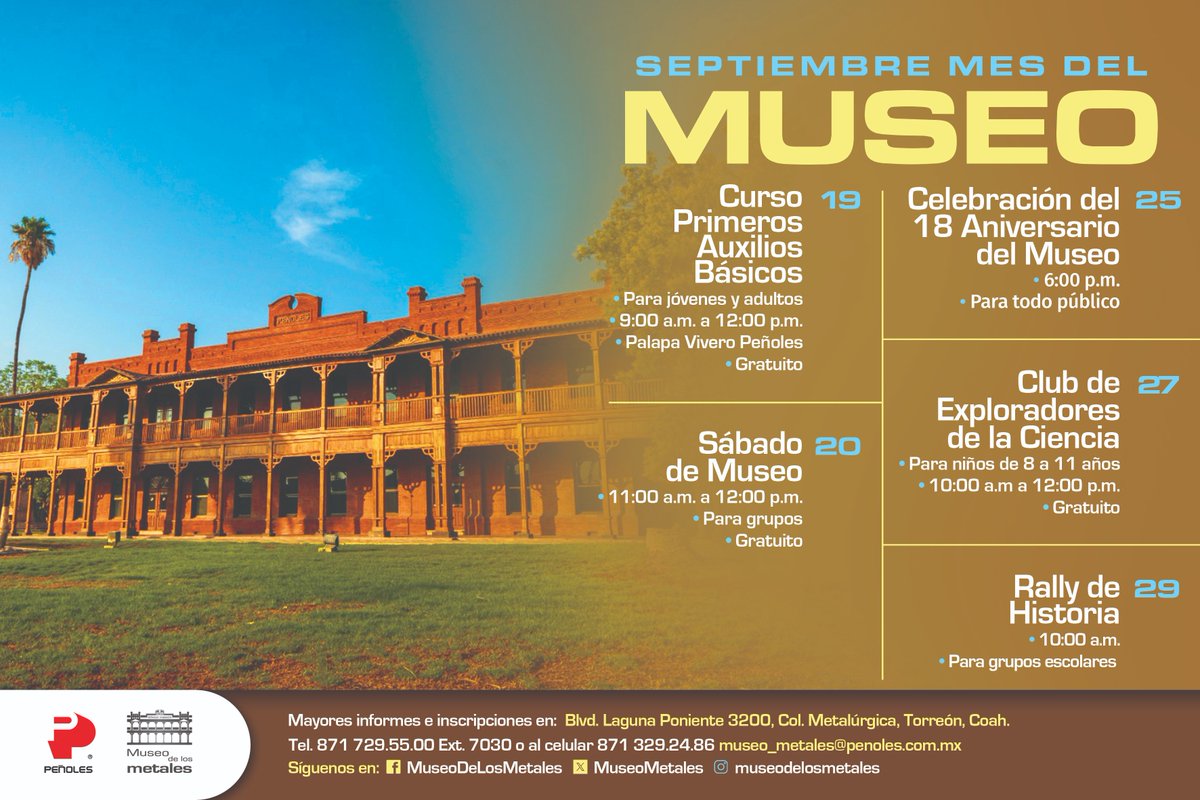 ¡Septiembre festivo por el Aniversario de Museo de los Metales!🥳

¡Consulta la cartelera, inscríbete y acompáñanos a vivirlo juntos!

#MuseoDeLosMetales #Septiembre #Cartelera #Eventos