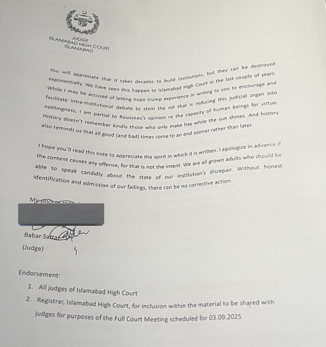 🚨🚨#BREAKING: #Islamabad high court’s #JusticeBabarSattar in an explosive letter to CJ #SarfrazDogar charge sheets the Chief Justice IHC, “As opposed to respected institutional norms, you have created rosters excluding senior judges, including the Senior Puisne Judge IHC, from