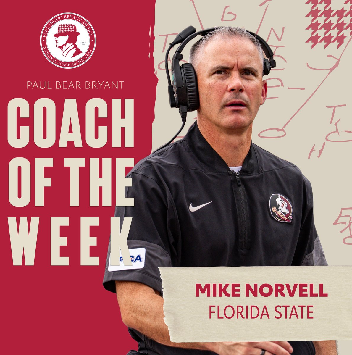 bryantawards's tweet image. Congratulations to @Coach_Norvell of @FSUFootball on being named the first Paul "Bear" Bryant National Coach of the Week of the 2025 season! 

Fans - who is YOUR choice this week? Cast your Fan Vote today at spr.ly/6015A6g2L

#BryantAwards

📰 - spr.ly/6016A6g20