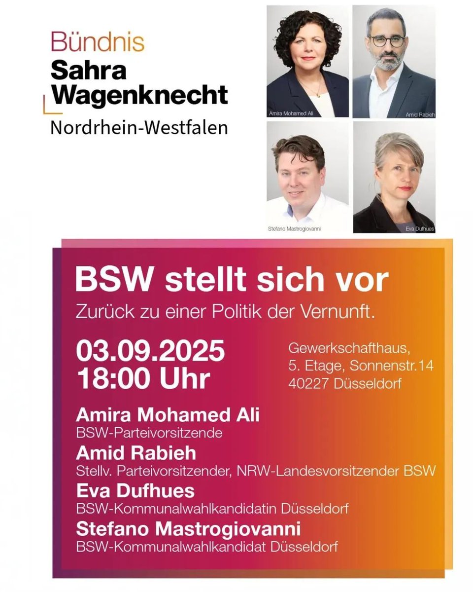 Amid Rabieh (@amidrabieh) on Twitter photo Das BSW stellt sich vor:
Öffentliche Diskussionsveranstaltung des BSW in #Düsseldorf mit ua.
<a href="/Amiramohamedali/">Amira mohamed ali</a>
<a href="/AmidRabieh/">Amid Rabieh</a>
<a href="/Buendnis_SahraW/">Bündnis Sahra Wagenknecht</a>
#BSW Das BSW stellt sich vor:
Öffentliche Diskussionsveranstaltung des BSW in #Düsseldorf mit ua.
<a href="/Amiramohamedali/">Amira mohamed ali</a>
<a href="/AmidRabieh/">Amid Rabieh</a>
<a href="/Buendnis_SahraW/">Bündnis Sahra Wagenknecht</a>
#BSW