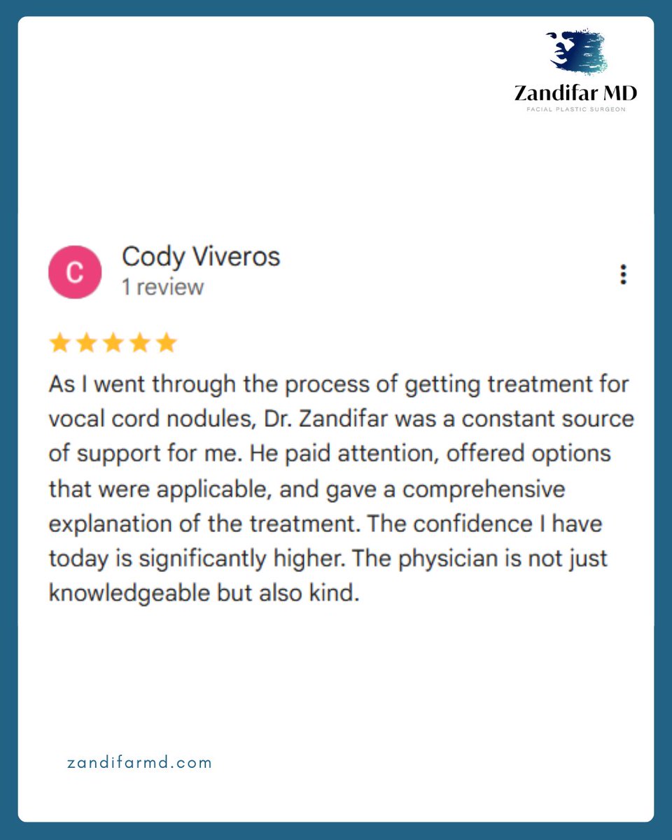 ZandifarMD's tweet image. Thank you for the kind words! We're thrilled Dr. Zandifar could support your treatment process. Your confidence boosts us too!
.
.
#PatientCare #HealingJourney #CompassionInMedicine #VoiceCare #ZandifarMD