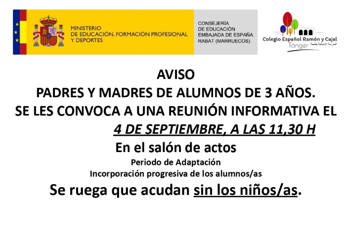 Convocamos a las familias del alumnado de 3 años a una reunión el próximo JUEVES. <a href="/ConsejeriaEduc1/">Consejería Educación Marruecos</a> <a href="/ampatangerRyC/">AMPA Colegio Ramón y Cajal - Tánger</a>