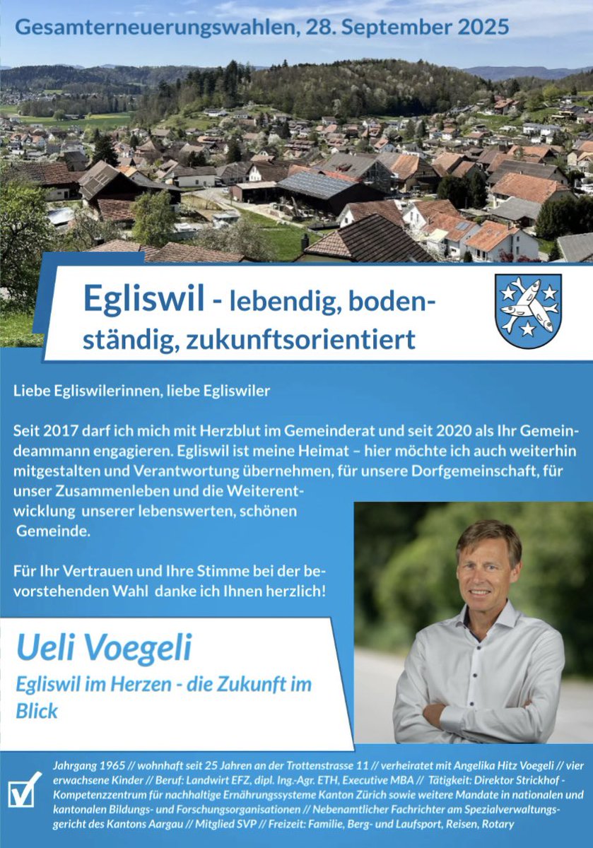 UeliVoegeli1's tweet photo. Gemeinderatswahlen, 28. September 2025 – Für ein lebendiges, bodenständiges und zukunftsorientiertes #Egliswil.

Ich freue mich über eure Unterstützung 💪 und euer Vertrauen ❤️.

#egliswil #heimat #zukunftgestalten #gemeinderatswahl https://t.co/0rmuqz54hF
