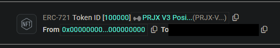 Screenshot of the 100,000th pool on PRJX, showing an ERC-721 token transfer for PRJX V3 Post