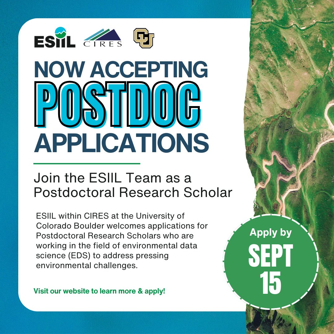 CU_ESIIL's tweet image. We are currently accepting Postdoc applications! 
Visit our website to learn more and apply by Sept. 15th, 2025 for full consideration: esiil.org/careers
jobs.colorado.edu/jobs/JobDetail…