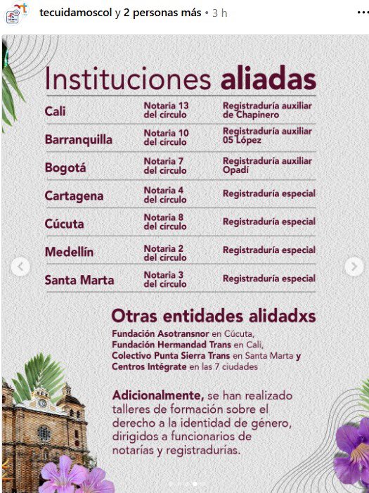 Este proyecto de <a href="/FundacionGAAT/">Fundación GAAT 🏳️‍⚧️</a> y <a href="/ENTerritorioCo/">ENTerritorio S.A. 🇨🇴</a> está espectacular. 🏳️‍⚧️✨

Están ayudando a personas trans y NB s actualizar sus cédulas y tienes instituciones aliadas en 7 ciudades del país. 

Comuníquense con ellxs si quieren hacerse el proceso acompañaditxs. 😊