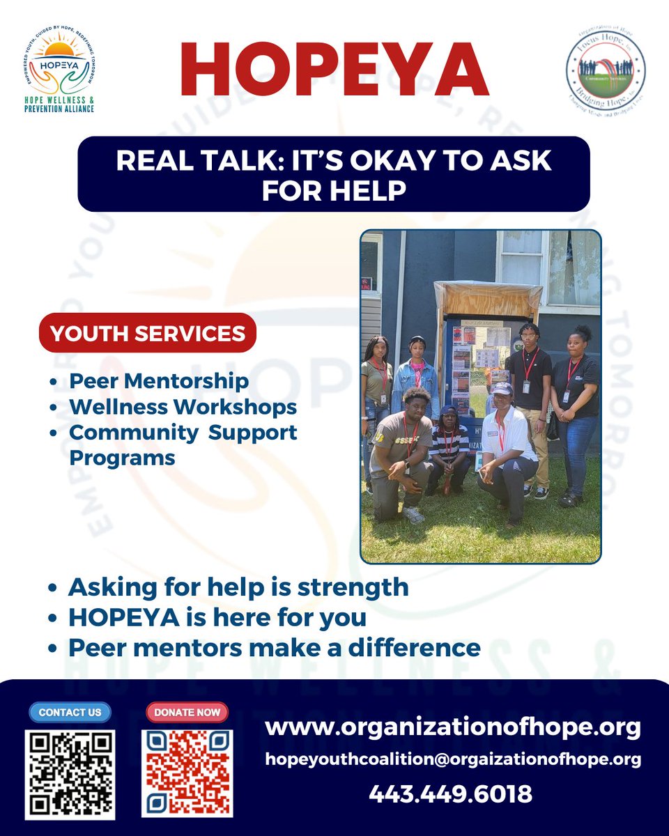 orgofhope's tweet image. Asking for help is a sign of strength, not weakness. Let’s normalize reaching out and supporting each other.
#HOPEYA #RealTalk #ItsOkayToAskForHelp #MentalHealthAwareness #SupportEachOther