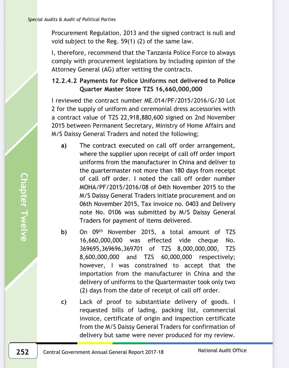 Tarehe 4 Nov 2015 polisi wanaagiza bidhaa kwa Call Of Order No. MOHA/PF/2015/2016/08 kutoka kwa mkandarasi Daissy General Trader

Mkandarasi anapaswa kuagiza mzigo huo China.

Mkataba unampa mkandarasi siku 180 (Kutoa mzigo china hadi kukabidhi kwa jeshi la polisi)

Kuwa baaa ya