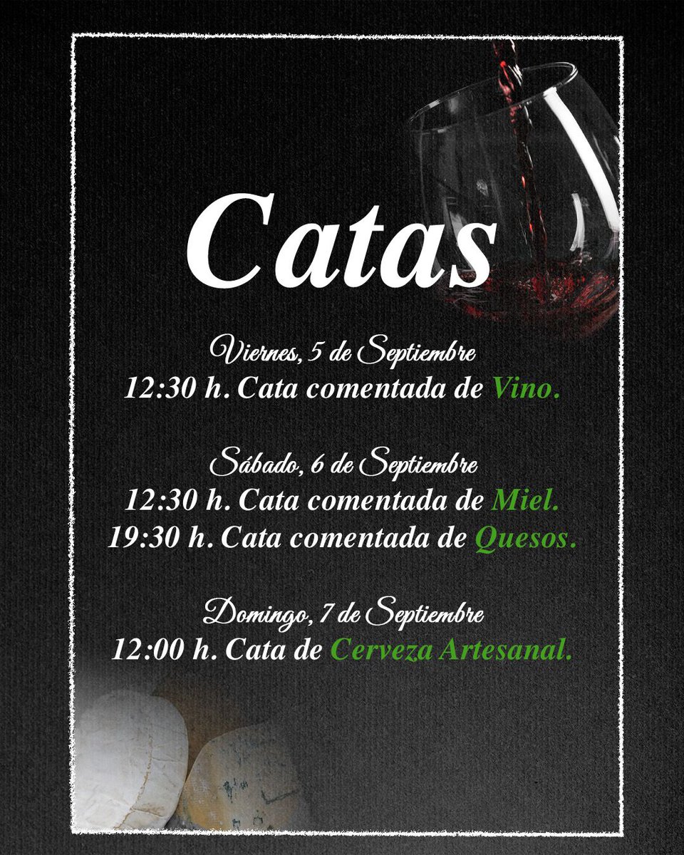 ℹ️ Se realizarán en la Carpa de Catas, La inscripción se realizará en el stand del Ayuntamiento y se abrirá dos horas y media antes de cada cata. las plazas vacantes se cubrirán por orden de llegada entre quienes no estén apuntados. Máximo 30 personas.