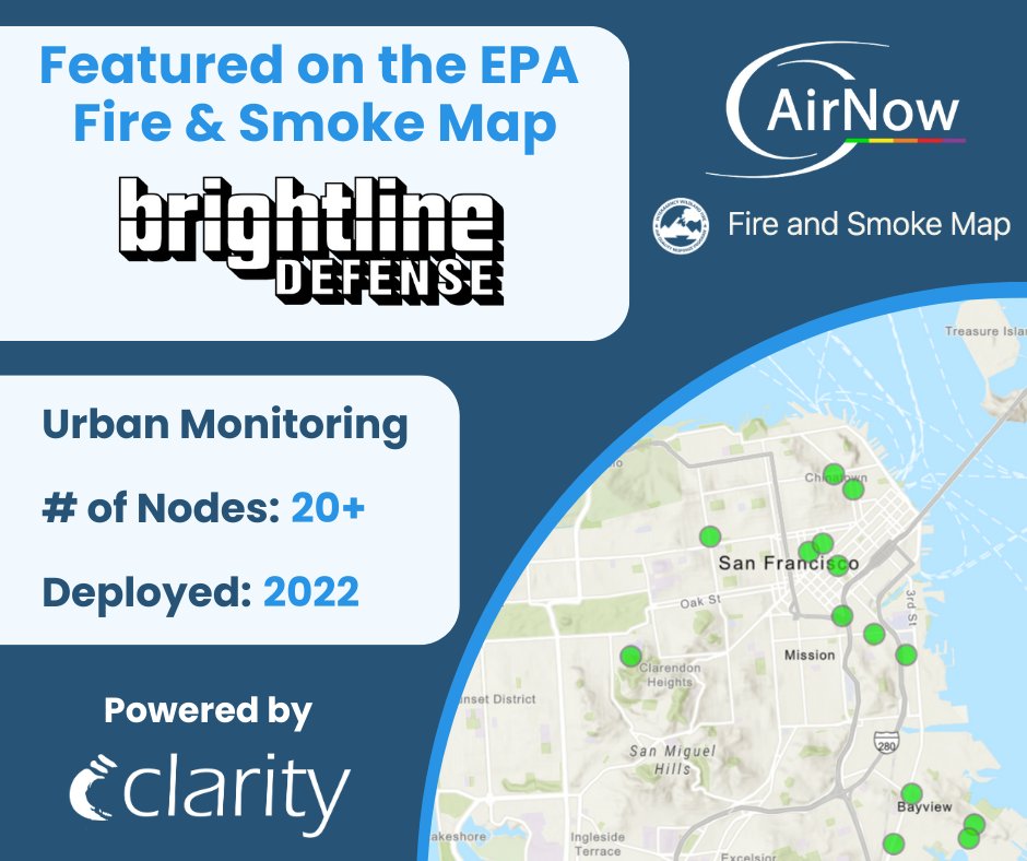 This week’s <a href="/EPA/">U.S. EPA</a> <a href="/AIRNow/">airnow</a> Fire &amp; Smoke Map highlight: <a href="/BrightlineDef/">Brightline Defense</a>! With 20+ Clarity Node-S sensors in San Francisco, they turn #AirQualityData into action to protect #PublicHealth &amp; build #ClimateResilience.