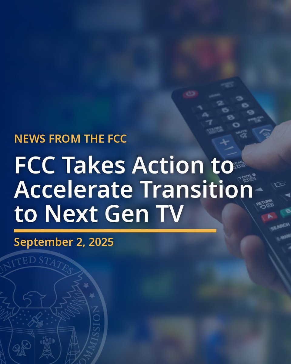 FCC's tweet image. NEW: FCC Takes Action to Accelerate Transition to Next Gen TV

“Americans across the country will benefit from Next Gen TV and the improved viewing experience that it enables.” - Chairman @BrendanCarrFCC 

Read more 🧵⬇️