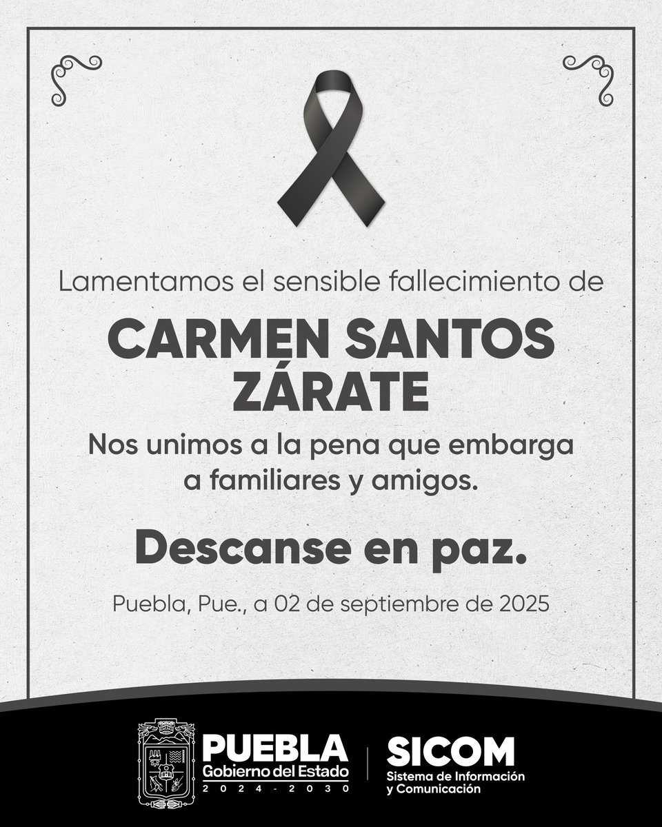 SICOM (@sicompue) on Twitter photo Lamentamos profundamente el fallecimiento de la señora Carmen Santos Zárate, abuelita del Coordinador de Gabinete del <a href="/Gob_Puebla/">Gobierno de Puebla</a>, <a href="/JLG_PARRA/">José Luis García Parra</a>.
Externamos nuestras más sinceras condolencias a sus familiares y seres queridos.
QDEP. 🕊 Lamentamos profundamente el fallecimiento de la señora Carmen Santos Zárate, abuelita del Coordinador de Gabinete del <a href="/Gob_Puebla/">Gobierno de Puebla</a>, <a href="/JLG_PARRA/">José Luis García Parra</a>.
Externamos nuestras más sinceras condolencias a sus familiares y seres queridos.
QDEP. 🕊