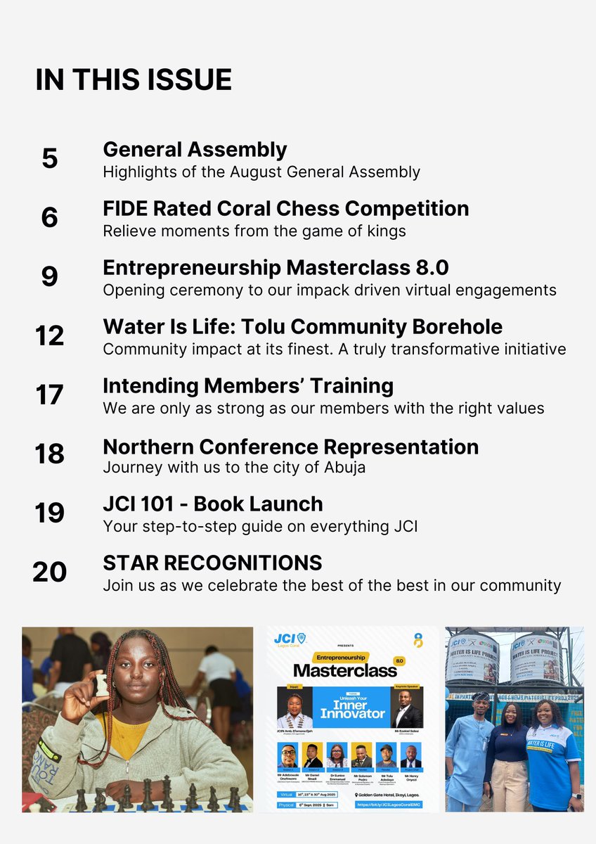 jcilagoscoral's tweet photo. 🚀 August was HUGE for JCI Lagos Coral! From chess ♟️ to clean water 🚰, entrepreneurship 💡 to excellence 🌟
📌 Coral Pulse: Chess Comp, Borehole, Masterclass 8.0, JCI 101, Northern Conf. & Member Recs.
👉 Read now!
#jcilagoscoral #coralpulse #elv8 #jcinigeria #onepulse https://t.co/vKcXeFuc14