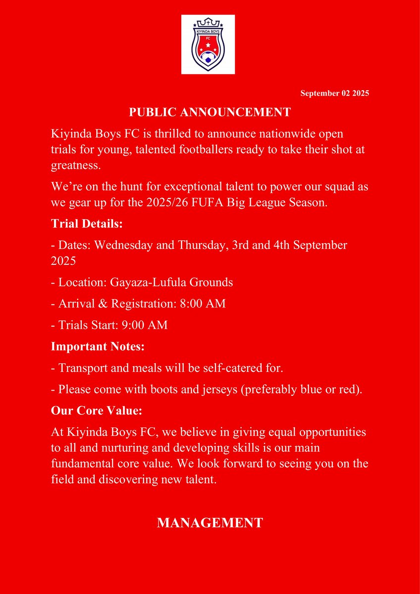 kiyindaboysfc's tweet image. Open Trials ALERT🚨

Are you ready to showcase your football talent??? Here’s your chance to be part of @kiyindaboysfc !!! Join in for our open TRIALS!!!

Bring your A-game!! Can’t wait to see what you’ve got!!
#KiyindaBoys #OpenTrials  #FUFABigLeague #BeTheNextStar