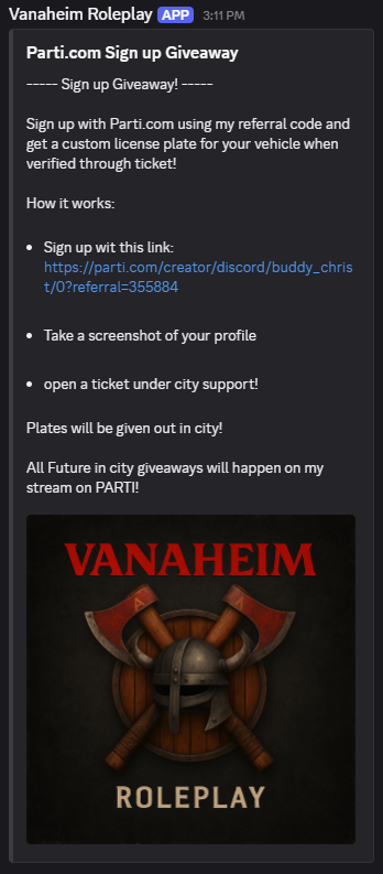 Buddy Christ (@buddychristv1) on Twitter photo Signing up for <a href="/jointheparti/">šPARTI.COM</a> Gets you in city rewards in Vanaheim Roleplay! Use my referral code and open a ticket in discord to get your custom vehicle plate! Signing up for <a href="/jointheparti/">šPARTI.COM</a> Gets you in city rewards in Vanaheim Roleplay! Use my referral code and open a ticket in discord to get your custom vehicle plate!