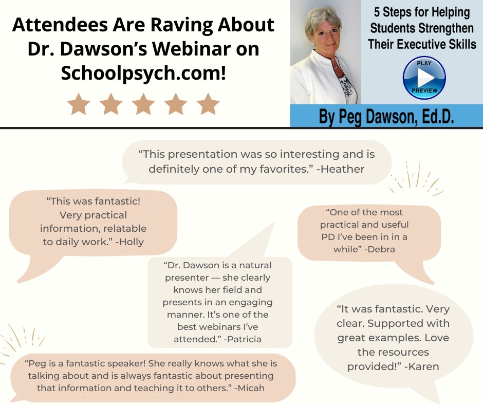 We simply can’t say enough about Dr. Peg Dawson’s webinar “5 Steps for Helping Students Strengthen Their Executive Skills” on Schoolpsych.com! We’ve been receiving rave review after rave review!⭐️⭐️⭐️⭐️⭐️

#SchoolPsych
