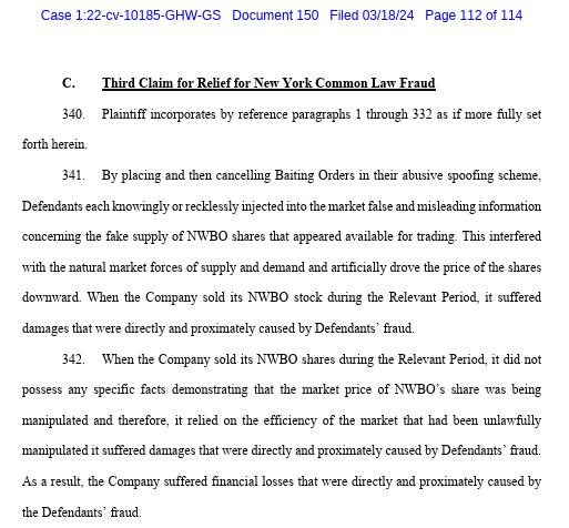 <a href="/kshaughnessy2/">kristen shaughnessy</a> Recall, $NWBO claims fraud under NY Common Law. This is what potentially brings in punitive damages. As you state, the 7th circuit found that spoofing = fraud. Note, that the 7th circuit case was criminal in nature, meaning it was a higher burden of proof than what would be