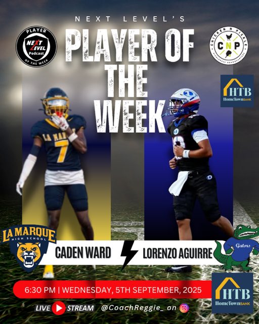 Nextlevelsports's tweet image. Congratulations are in order for our Next Level Player of the Week award winners for week 1. @LAguirre2027 @DickinsonFB @CadenWard2026 @LM_CoogFootball. Come out tomorrow night 6:30 pm @ChickenNPickle to celebrate these G-County athletes on their performances in week one.