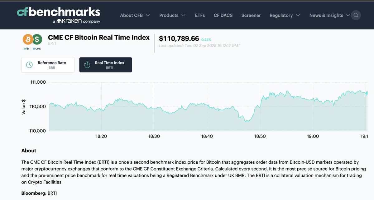 현재 가격과 차트를 보여주는 CME CF Bitcoin Real Time Index 대시보드 스크린샷