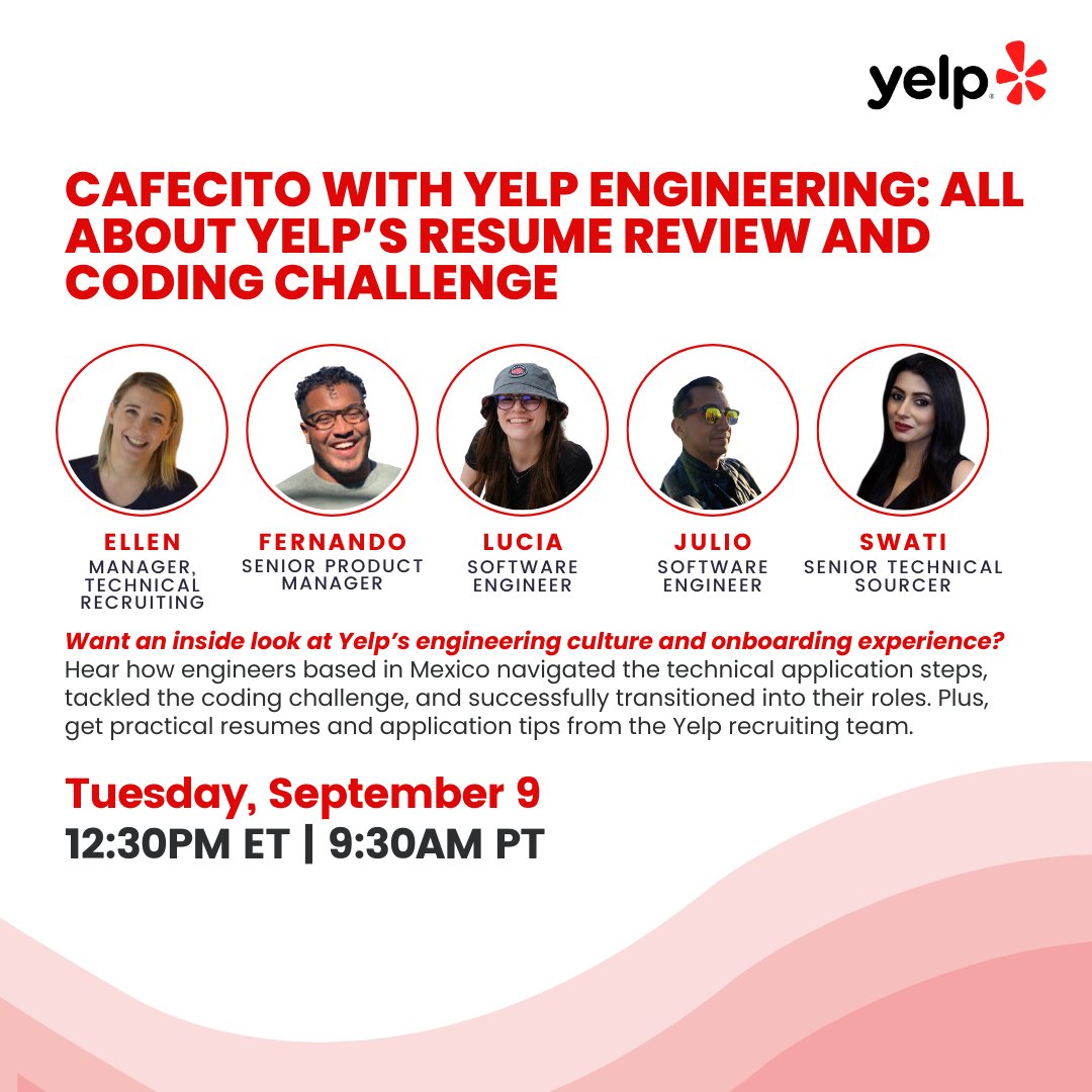 Curious about the Yelp engineering interview process? Join us virtually on Sep. 9 for hands-on tips from the recruiting team and coding challenge insights with software engineers based in Mexico🌟RSVP here: tinyurl.com/2s425zp9