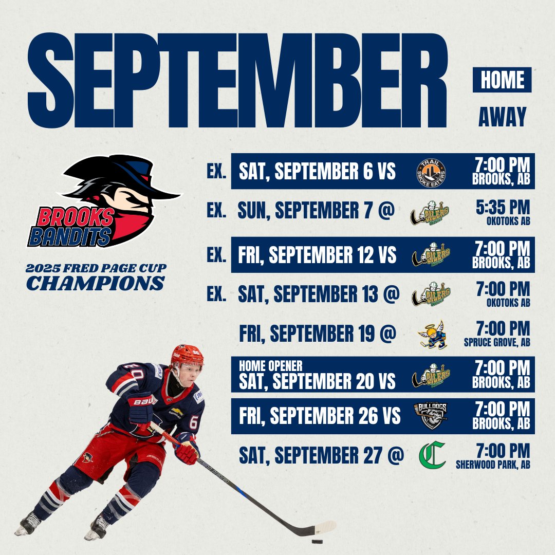 It's September, which means LOTS of Bandits hockey is coming your way!

We open the Preseason this Saturday when the Trail Smoke Eaters visit the CRA!

tickets.brooksbandits.net