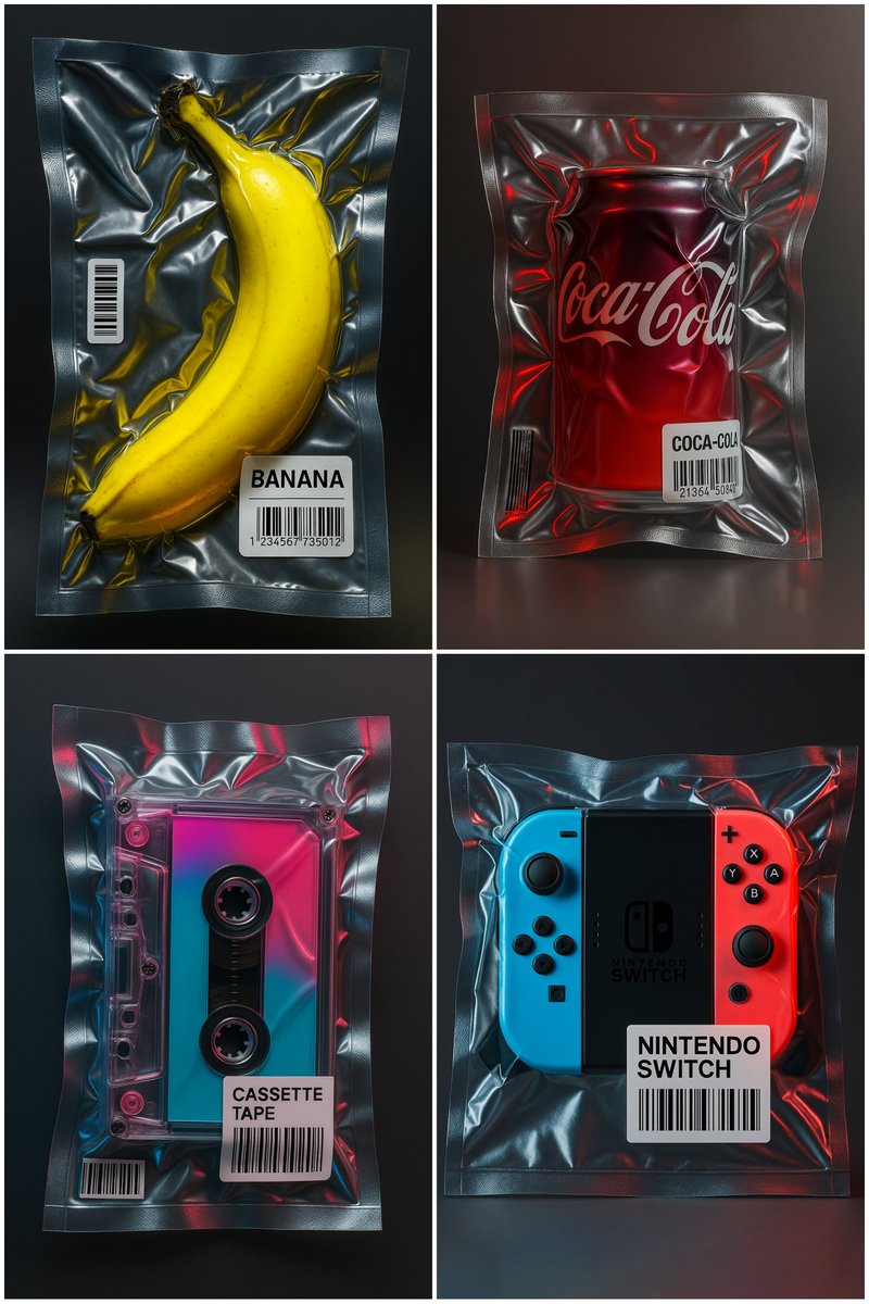 Arminn_Ai's tweet image. Vacuum-sealed objects with ChatGPT 🫧

Prompt 👇🏼

high-quality product photography of a small transparent plastic object containing one [OBJECT] with an unusual [COLOR_GRADIENT] gradient color, tightly packed in a transparent rectangular vacuum bag, the package has a silver…