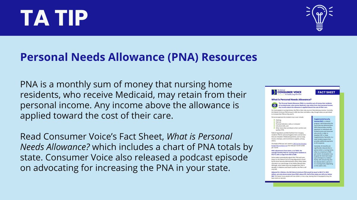 NORC (@ltcombudcenter) on Twitter photo The PNA is the small amount of monthly income Medicaid nursing home residents can keep; the rest goes toward their care. Learn more in <a href="/ConsumerVoices/">National Consumer Voice for Quality Long-Term Care</a> fact sheet & podcast on advocating to increase it in your state. bit.ly/3JLTjRE The PNA is the small amount of monthly income Medicaid nursing home residents can keep; the rest goes toward their care. Learn more in <a href="/ConsumerVoices/">National Consumer Voice for Quality Long-Term Care</a> fact sheet & podcast on advocating to increase it in your state. bit.ly/3JLTjRE