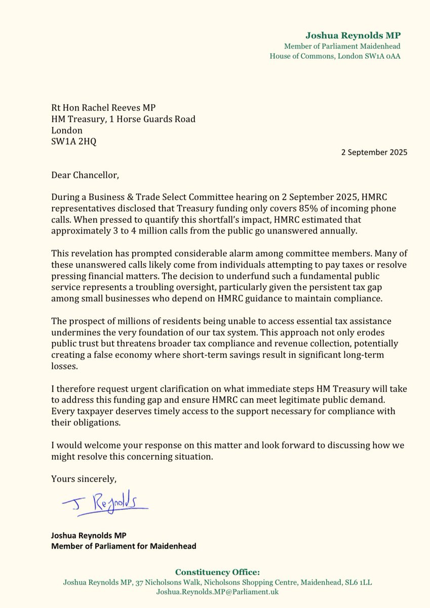 JoshReynoldsSL6's tweet image. Today HMRC said that they are only funded to answer 85% of phone calls from the public.

Meaning approximately 3 to 4 million calls a year go unanswered. 

I’ve written to the Chancellor to find out why the Treasury think it’s acceptable for HMRC to leave so many call unanswered.