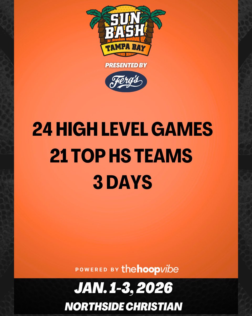 .<a href="/sunbashtourney/">Sun Bash</a> Tampa Bay Powered by <a href="/FergsStPete/">Ferg's Sports Bar </a> | Year 9️⃣

📅 Thursday, Jan. 1 - Saturday, Jan. 3, 2026 
📍Northside Christian

thehoopvibe.com/event/sun-bash…

#HoopVibe
