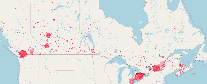 Someone created an LMIA heat map.

A Labour Market Impact Assessment (LMIA) is a document granted by the government to allow businesses to hire Temporary Foreign Workers (TFWs). 

TFWs are intended to temporarily fill specific jobs, for which qualified Canadians are supposedly