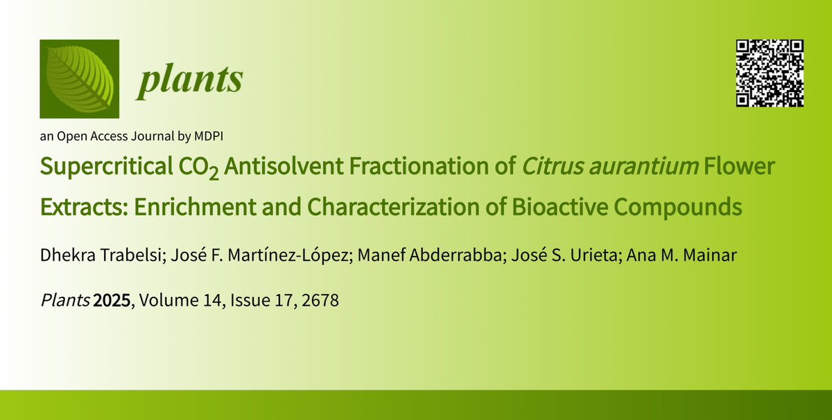GATHERS_I3A's tweet image. SAF 🌱 enables solvent-free recovery of phytochemicals from Citrus aurantium 🍊 — a green step toward sustainable innovation.
Open Access @Plants_MDPI: mdpi.com/2223-7747/14/1…
#GreenExtraction #OpenAccess
@Givaudan, @Evonik