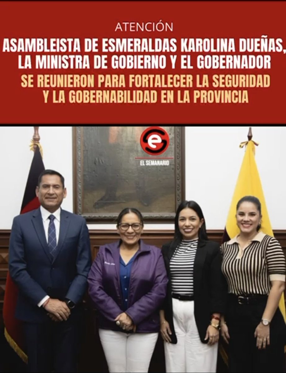 EL SEMANARIO (@elsemanarioec) on Twitter photo ASAMBLEISTA DE ESMERALDAS <a href="/KarolinaDuenasP/">Karolina Dueñas</a>, LA MINISTRA DE GOBIERNO Y EL GOBERNADOR SE REUNIERON PARA FORTALECER LA SEGURIDAD Y LA GOBERNABILIDAD EN LA PROVINCIA VERDE. ASAMBLEISTA DE ESMERALDAS <a href="/KarolinaDuenasP/">Karolina Dueñas</a>, LA MINISTRA DE GOBIERNO Y EL GOBERNADOR SE REUNIERON PARA FORTALECER LA SEGURIDAD Y LA GOBERNABILIDAD EN LA PROVINCIA VERDE.