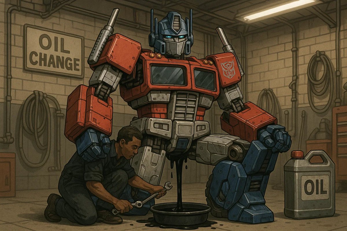 I asked the AI to draw a picture of Optimus Prime getting an oil change.

I don't know what I was expecting...